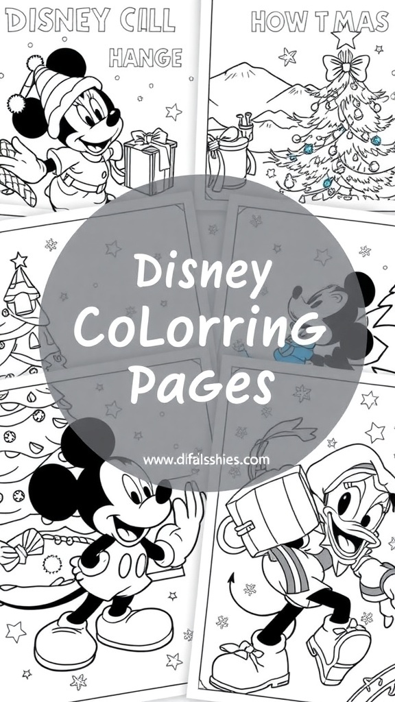 Disney Christmas Coloring Pages Disney characters in Christmas-themed coloring pages, including Mickey and friends.